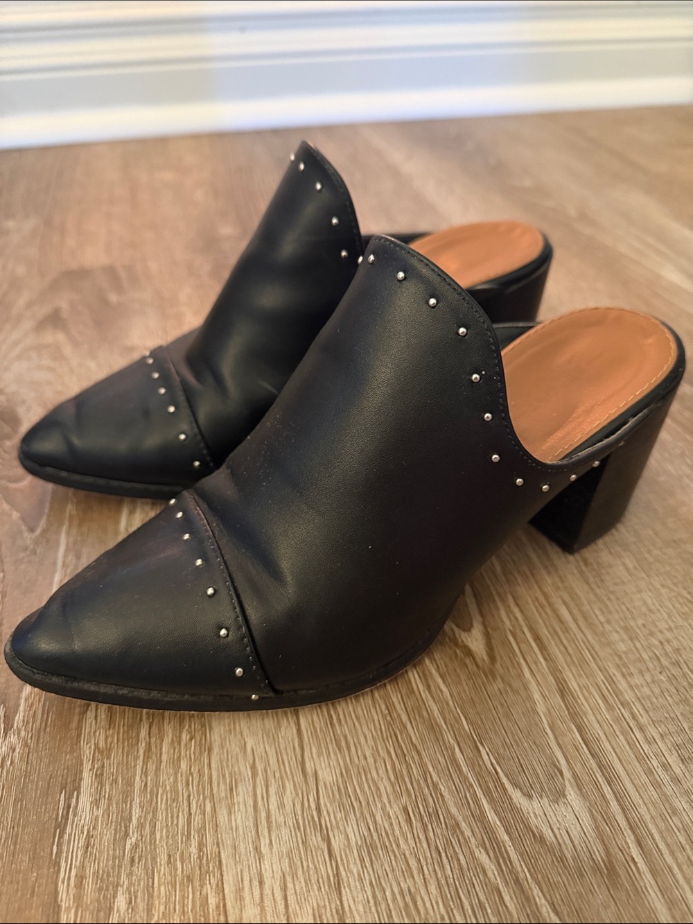 Studded Black Pointed-Toe Mule Heels - Women